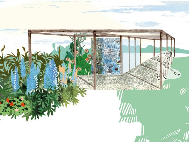 Coloured illustration of the project design for a community garden in Wietstock shows a covered area with plants