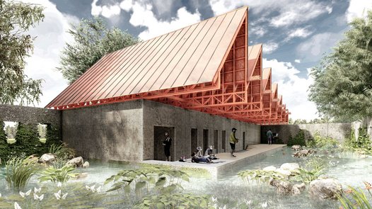 Modellierte Idee des Wohnküchenpavillons in Züsedom, auf dem Schulgrundriss steht ein Dach, welches Regenwasser abfließen lässt