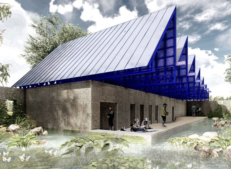 Modellierte Idee des Wohnküchenpavillons in Züsedom, auf dem Schulgrundriss steht ein Dach, welches Regenwasser abfließen lässt