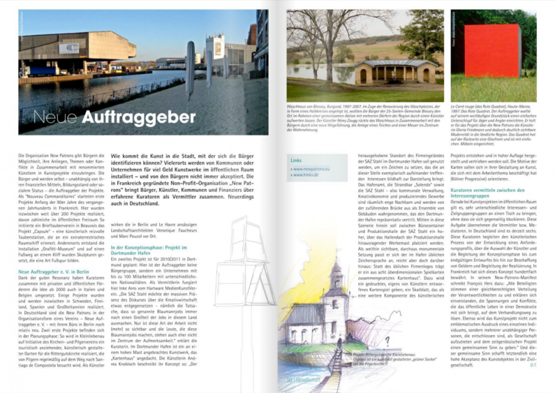 Double-page spread in a magazine with an article consisting of text, photos and drawings on the project of The New Patrons of Dortmund.