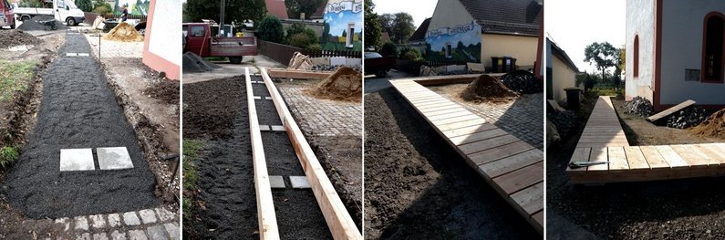 Four views of the start of construction of the raised wooden walkway, which is to lead around the church of Kleinliebenau as a "pleasure walkway" based on the idea of Atelier le balto.