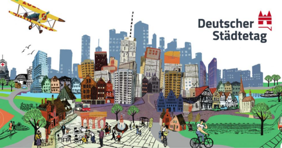 Bunte Illustration einer Stadt mit Hochhäusern im Hintergrund und kleinen Häusern und Menschen im Vordergrund 