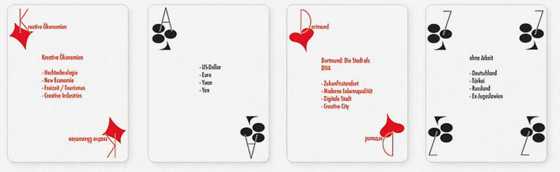 Vier verschiedene Spielkarten mit ökonomischen Begriffen, Karo-König, Kreuz-Ass, Herz-Dame, Karo-Sieben
