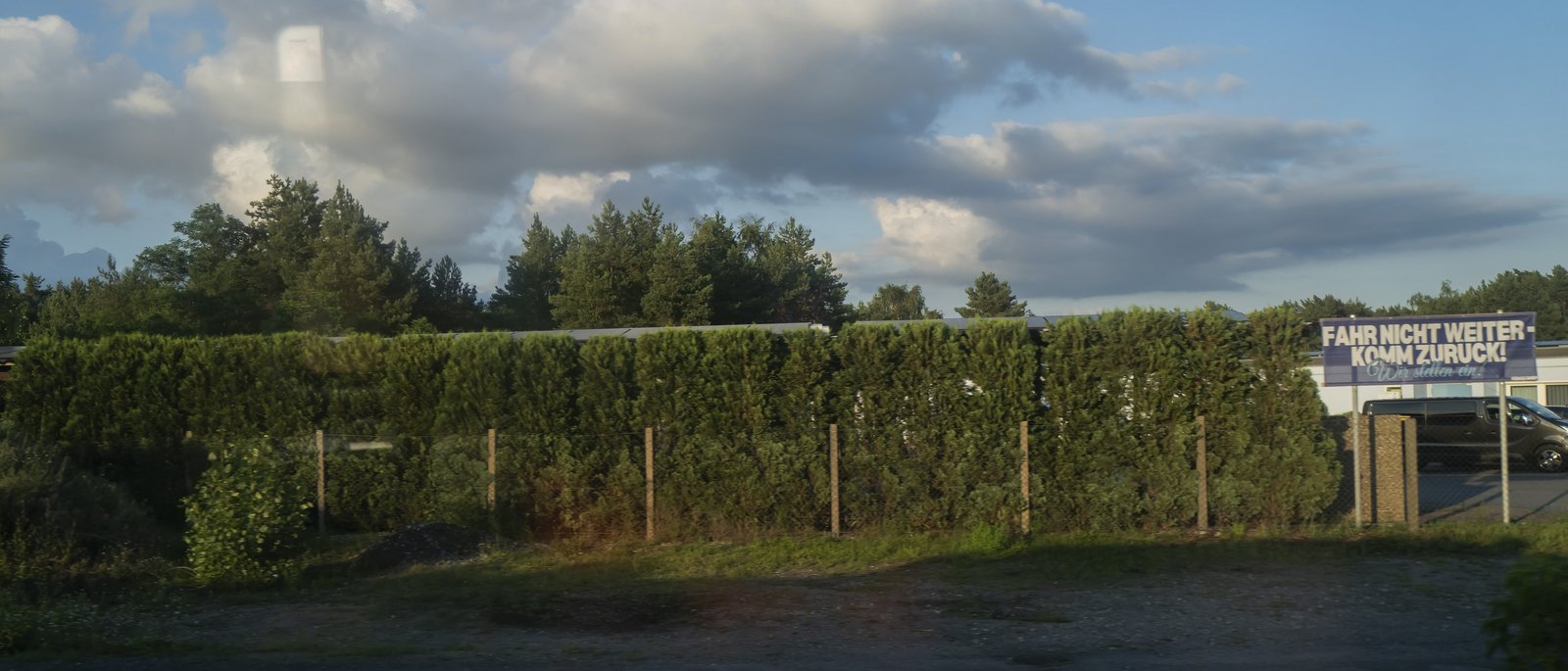 A green garden hedge with a weathered sign on the right edge of the picture that reads: Go no further, come back.