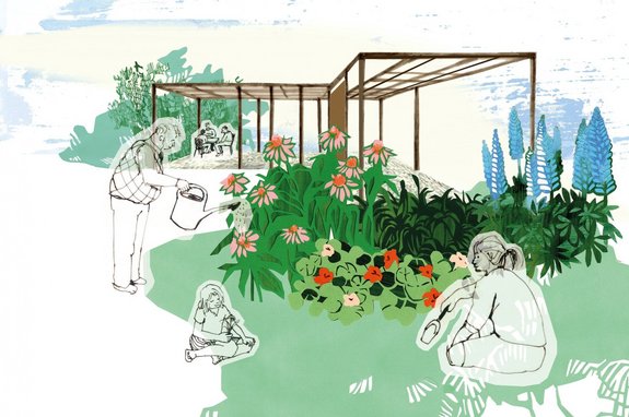 Coloured illustration of the project design for a community garden in Wietstock shows a covered area with plants