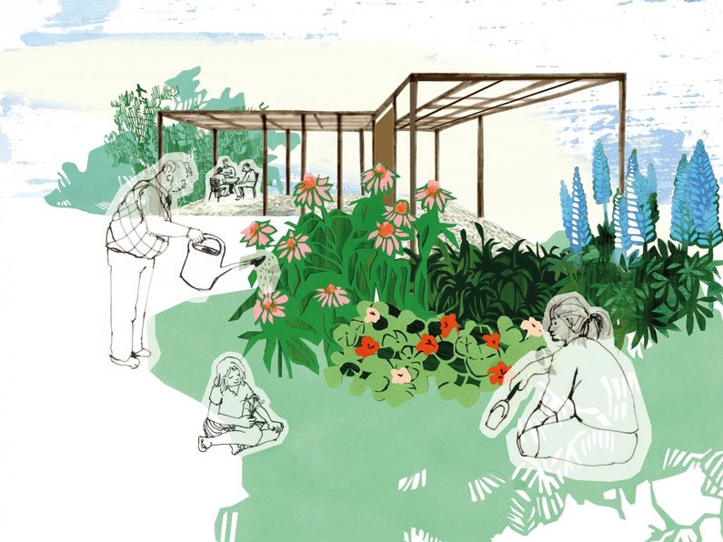 Farbige Illustration des Projektentwurfs für einen Gemeinschaftsgarten in Wietstock zeigt eine überdachte Fläche mit Pflanzen