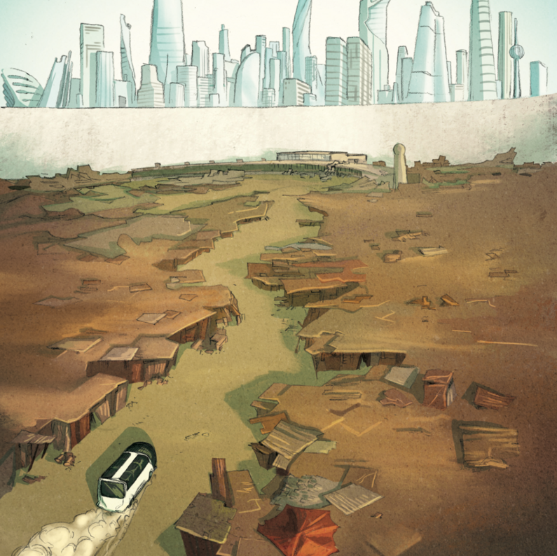 A page of the comic strip "Temple of Refuge", illustration by Felix Mertikat, written by Bruce Sterling