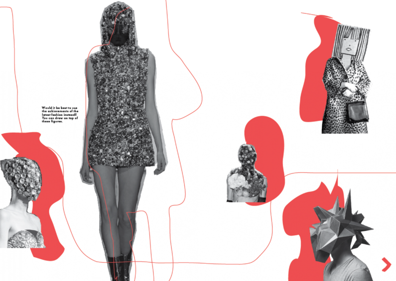 Collage aus verschiedenen Elementen, Gestalt einer weiblichen Person und verschiedene Statuen