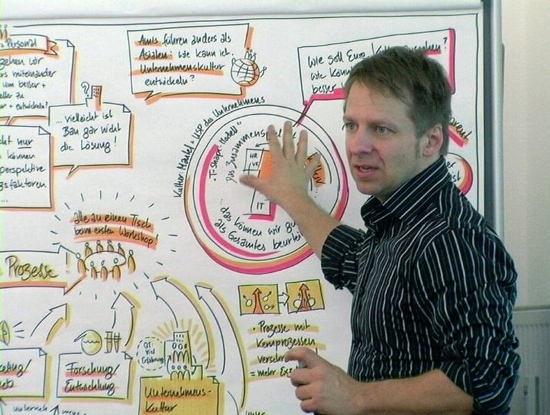 Filmstill aus "A New Product" von Harun Farocki zeigt eine Person, die mit der Hand auf ein Whiteboard deutet, auf welchem Skizzen und Erläuterungen zu sehen sind