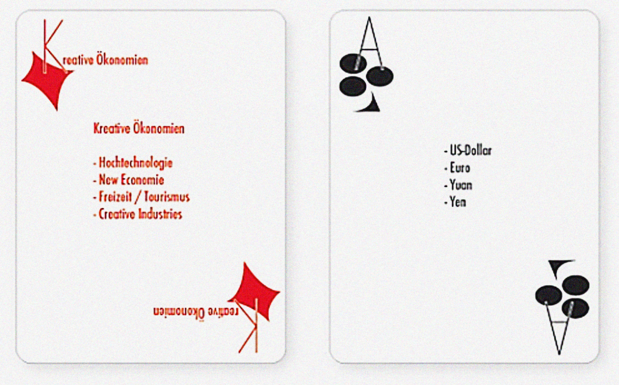 Two different playing cards with economic terms, King of Diamonds, Ace of Clubs